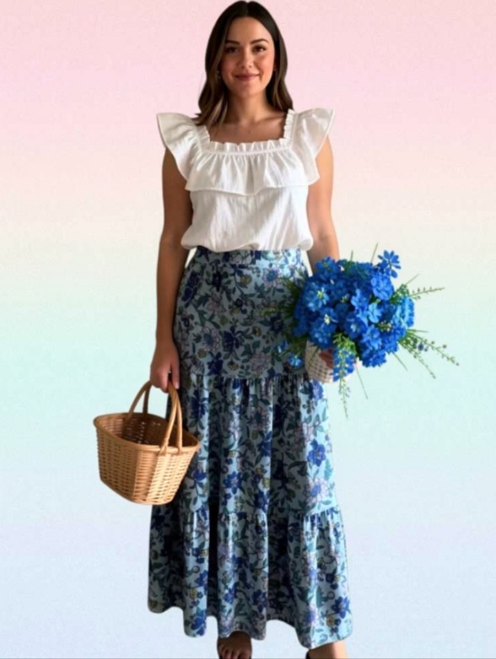 L🍀Blue Floral Tiered Maxi Skirt